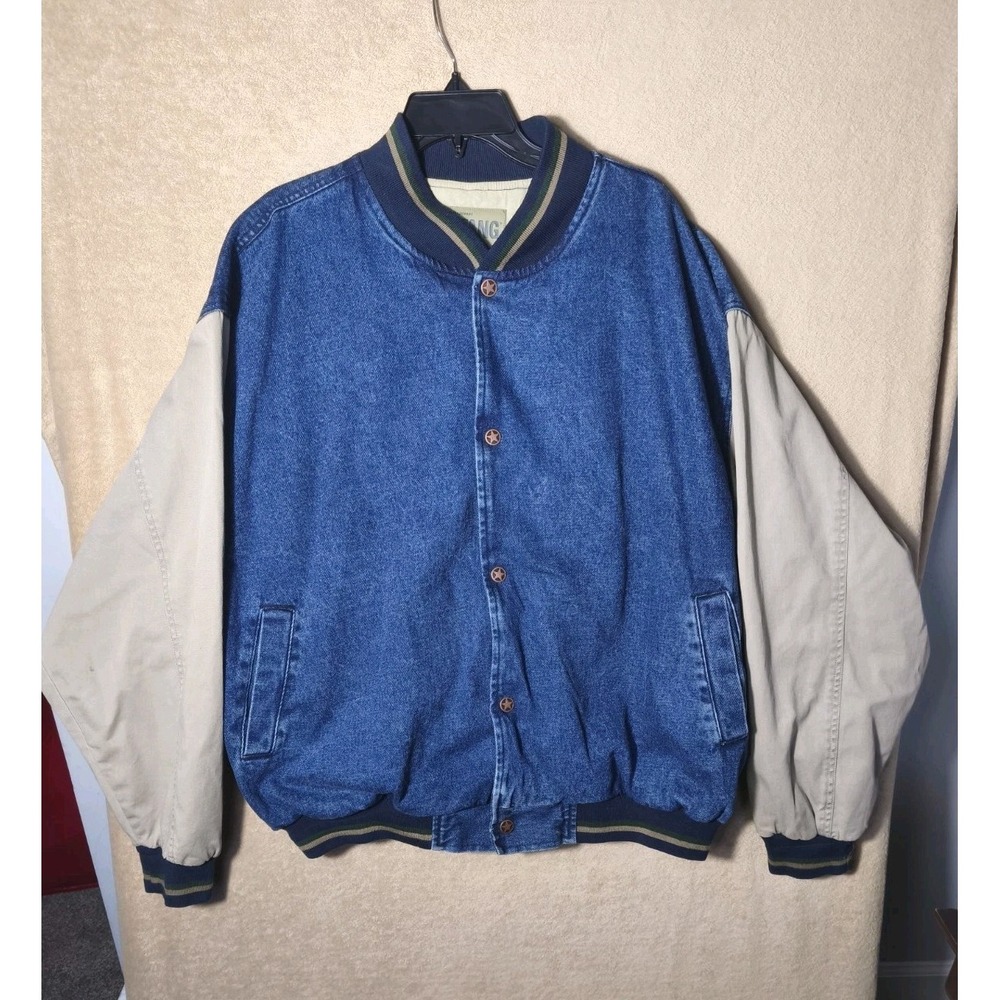 Mustang Jacket Mens 2XL XXL Blue Beige Denim Bomber Varsity‎ Snap Button Haggar